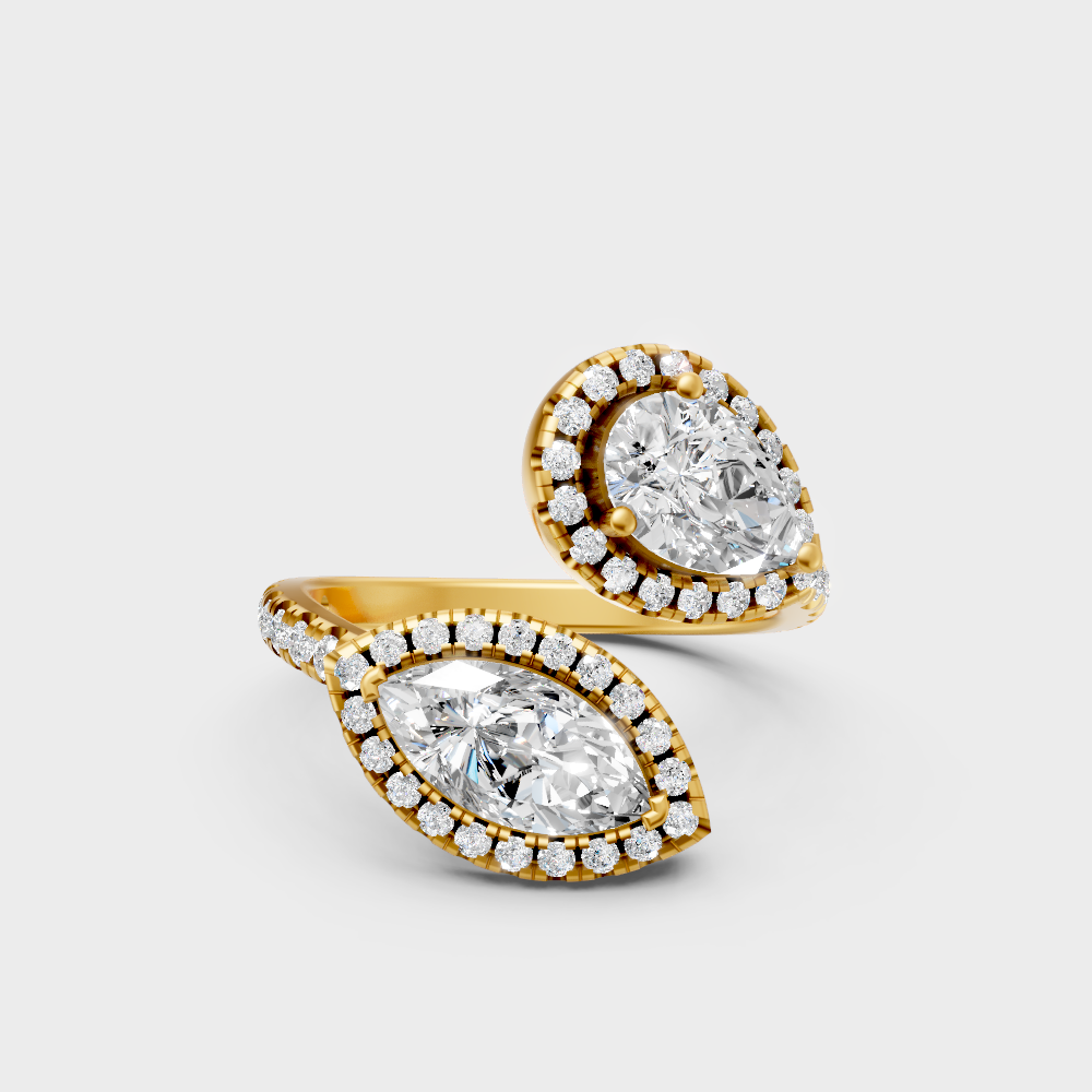 Romantic 18K Yellow Gold Toi-Et-Moi Halo Ring With Pear And Marquise Lab Diamonds